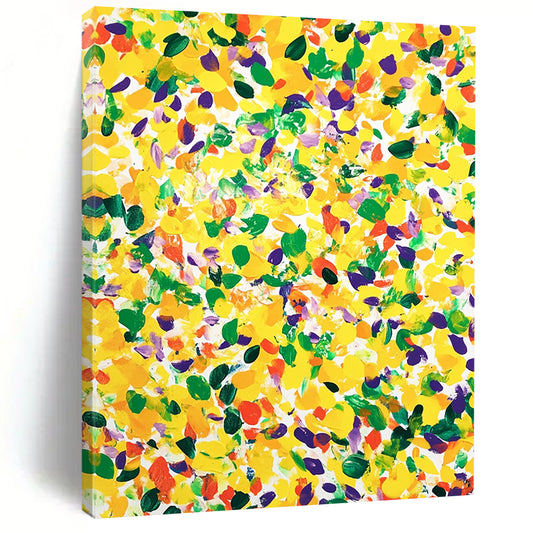 Vibrant contemporary abstract art featuring a large yellow canvas splashed with joyful green and purple spots against a clean white background. DLZ1297