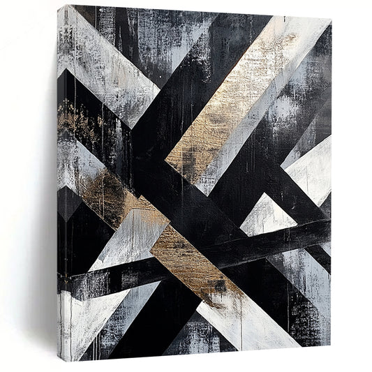 Gray, Black, White, Gold, Intertwined Stripes "Gilded Weave" Abstract Modernist Painting On Canvas HB078