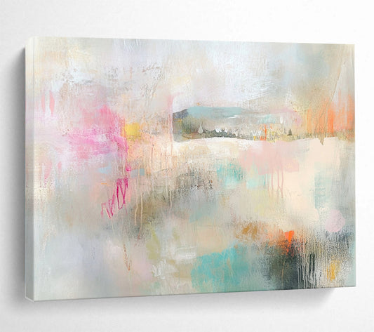 “Soft Pastel Abstract Landscape” - Pastel Pink, Blue, Green, Beige with Hazy Forms - Painting On Canvas HB1376