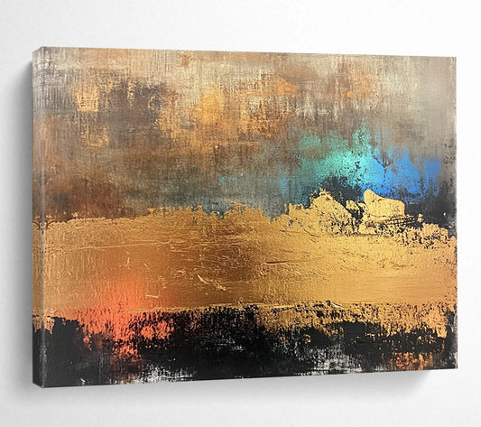 “Gold - Teal Abstract Textures” - Gold, Teal, Abstract Textured Painting On Canvas HB1107