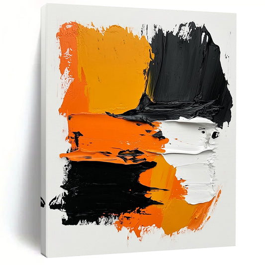 Contemporary hand-painted abstract artwork featuring bold black and orange strokes on a white background with a vibrant color palette and minimalistic composition. DLZ1558