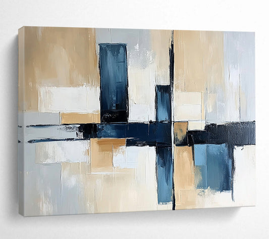 “Blue and Beige Geometric Abstract” - Blue, beige, gray, white; Geometric abstract with a cross design; Acrylic Painting On Canvas HB1262