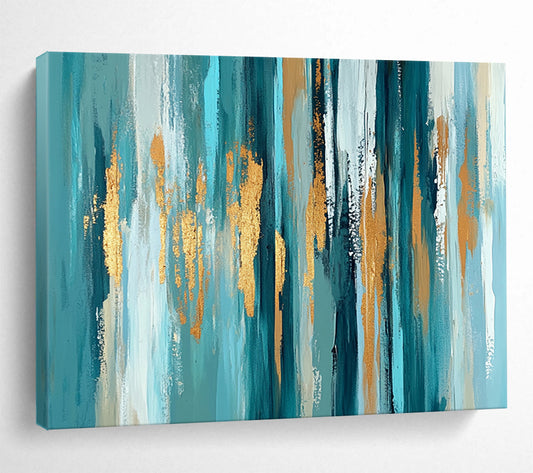 “Teal Gold Vertical Streaks” - Teal, gold, white, beige; Vertical abstract streaks with gold accents HB1289
