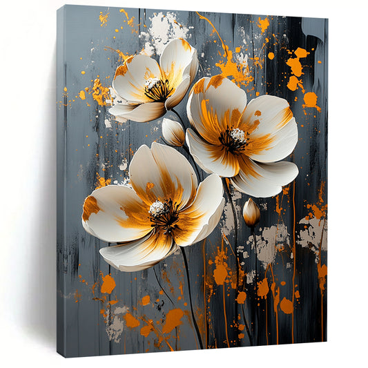 Contemporary abstract artwork features white flowers with gold and silver splashes on a textured grey canvas, perfect for modern decor. DLZ0824