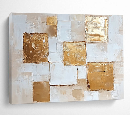 “Golden Squares” - Beige, White, Gold with Geometric Squares - Abstract Acrylic Painting HB1338