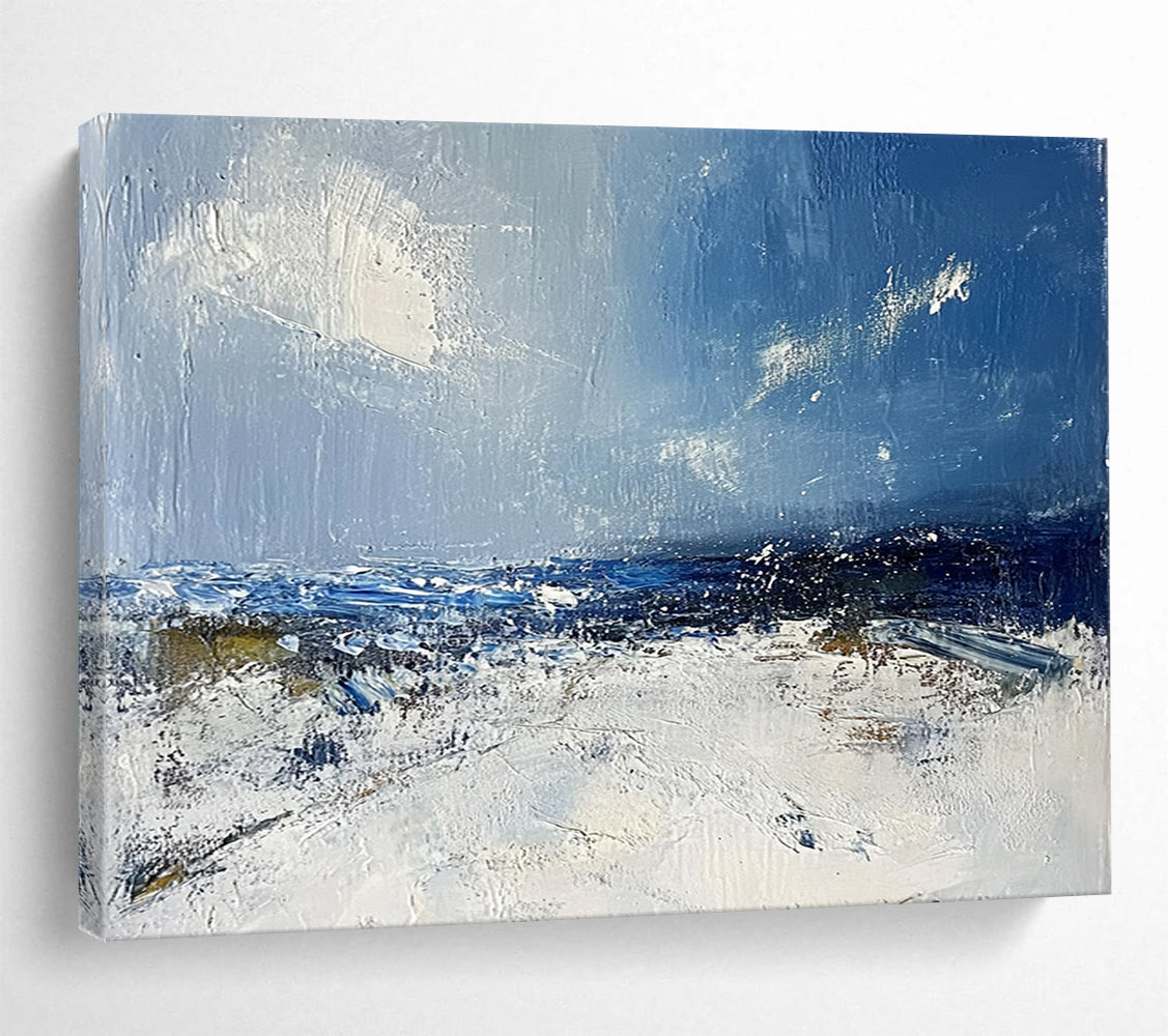 “Blue and White Coastal Abstract” - Blue, White, Seaside Motifs Painting On Canvas HB0871