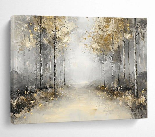 “Misty Forest Path with Gold” - Gray, Gold, Serene Forest Landscape Painting On Canvas HB0881