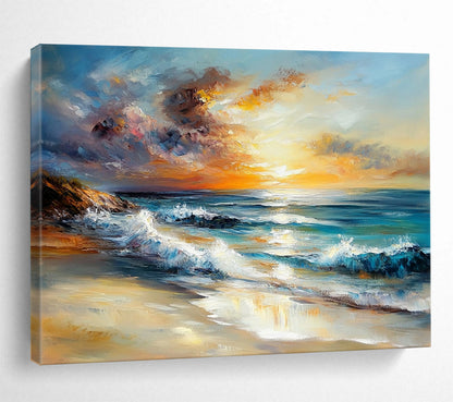 Sunset Beach with Crashing Waves - Expressive Impasto Seaside Painting On Canvas HB0441