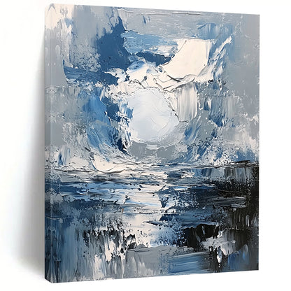 Contemporary abstract painting featuring a dynamic grey and blue stormy sky with a central white sun illuminating the reflective water below using thick impasto strokes. DLZ0600