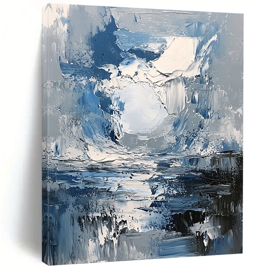 Contemporary abstract painting featuring a dynamic grey and blue stormy sky with a central white sun illuminating the reflective water below using thick impasto strokes. DLZ0600