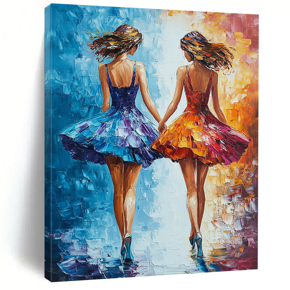 Vibrant contemporary abstract art featuring two friends in colorful dresses walking together creating a joyful and harmonious atmosphere. DLZ1717