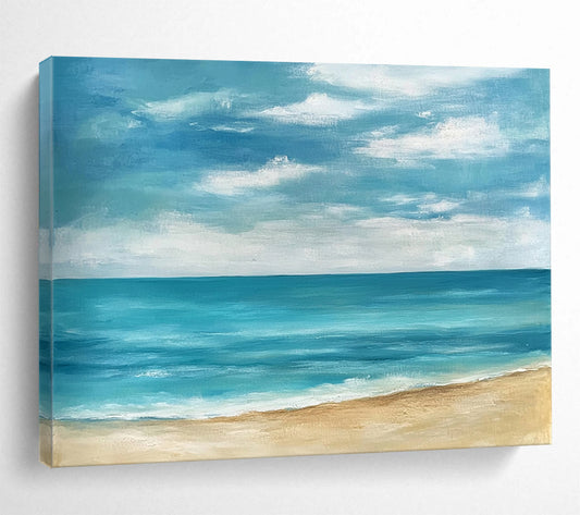 “Simple Coastal View” - Blues, Whites, Browns, Minimalist Beach - Acrylic Painting HB1602