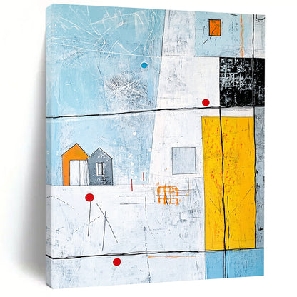 Large contemporary hand-painted abstract artwork featuring vibrant lines and shapes with an architectural drawing and a house on a light blue background. DLZ0987