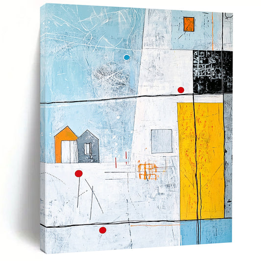 Large contemporary hand-painted abstract artwork featuring vibrant lines and shapes with an architectural drawing and a house on a light blue background. DLZ0987