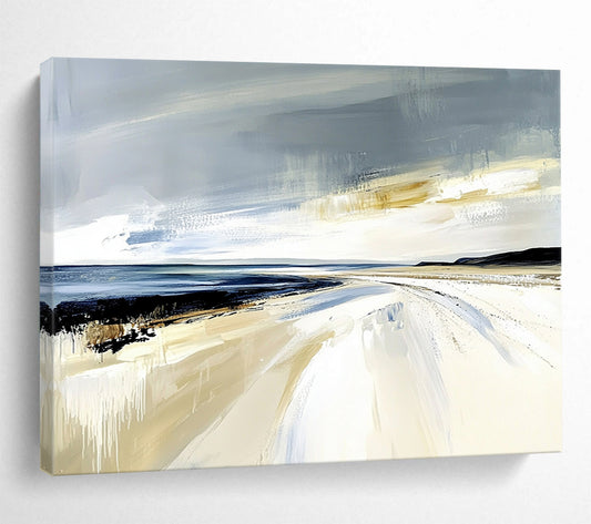 “Dynamic Beach Drips” - Gray, Blue, Beige, Abstract Dripping Beachscape Painting On Canvas HB1073