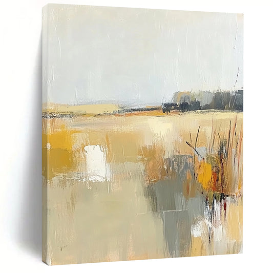 Contemporary abstract painting showcasing soft beige and gray tones with touches of yellow, illustrating the tranquil essence of a field beneath a light sky. DLZ0416