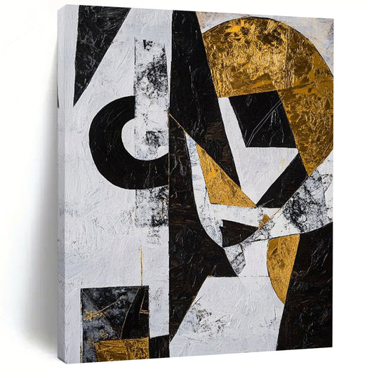 Black, White, Gold and Gray Geometric Abstraction "Dynamic Geometry" Painting On Canvas HB376
