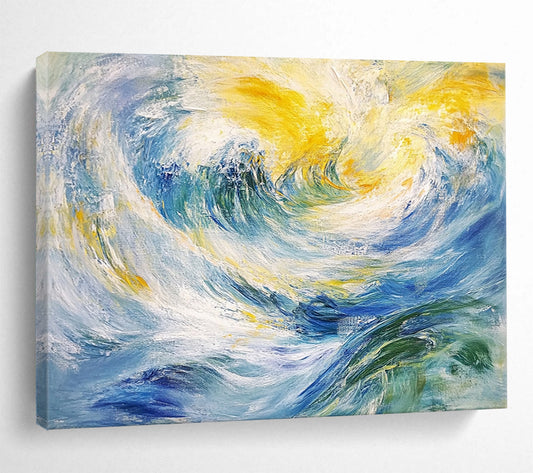 “Swirling Wave Dream” - Blue, yellow, white, green; Fluid strokes mimic ocean waves; Impressionistic Seascape Oil Painting On Canvas HB1173