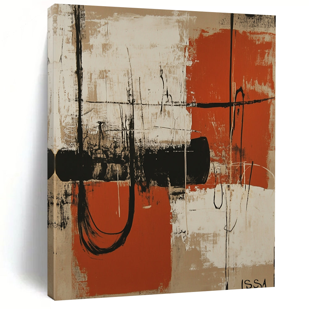 Contemporary abstract artwork featuring orange and white shapes resembling machinery silhouettes against a beige background with dark vignette and textured shading. DLZ1085