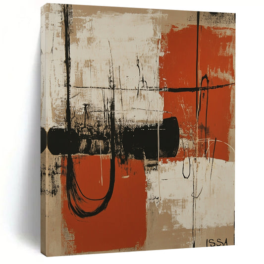 Contemporary abstract artwork featuring orange and white shapes resembling machinery silhouettes against a beige background with dark vignette and textured shading. DLZ1085