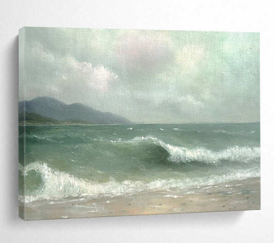 “Misty Sea Beach” - Green, Gray, Sea, Beach, Mountains Painting On Canvas HB0755