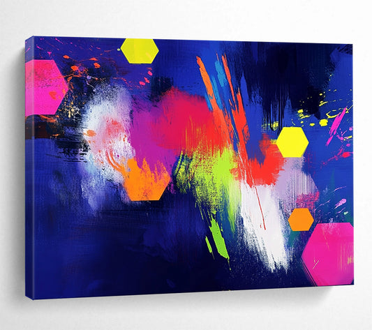 “Neon Colorful Hexagons on Blue” - Neon Palette, Hexagon Shapes on Blue Painting On Canvas HB0864
