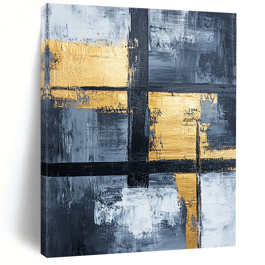 Gray, White, Gold, Black, Geometric Crosses "Gilded Grid Crossroads" Abstract Modernist Painting On Canvas HB151
