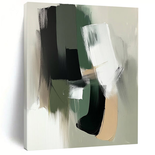 Contemporary abstract painting featuring minimalist shapes in sage green and white with black accents and bold brushstrokes for a modern aesthetic. DLZ0435