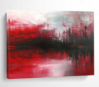 “Red Cityscape Reflection” - Red, Gray, Black - Abstract City Reflection - Oil Painting HB1298