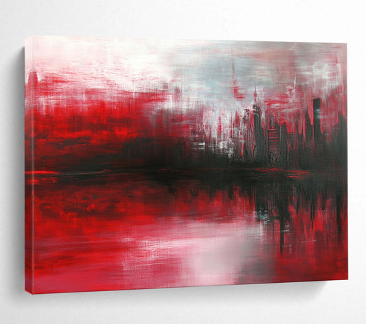“Red Cityscape Reflection” - Red, Gray, Black - Abstract City Reflection - Oil Painting HB1298