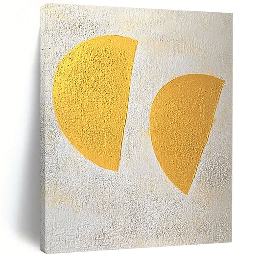 Large contemporary hand-painted abstract art featuring two yellow half-circles against a textured white and gray background in a soft color palette. DLZ1429