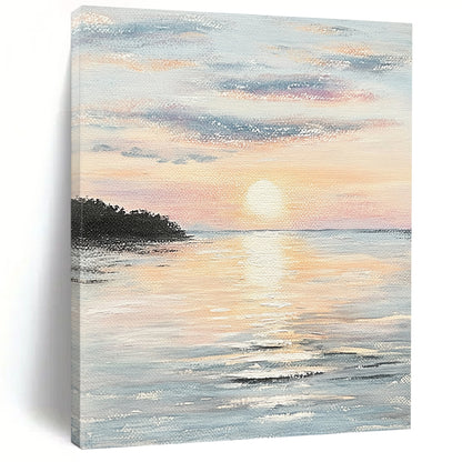 Contemporary hand-painted abstract artwork capturing serene coastal sunset hues reflecting on calm waters, evoking tranquility and peace. DLZ1458