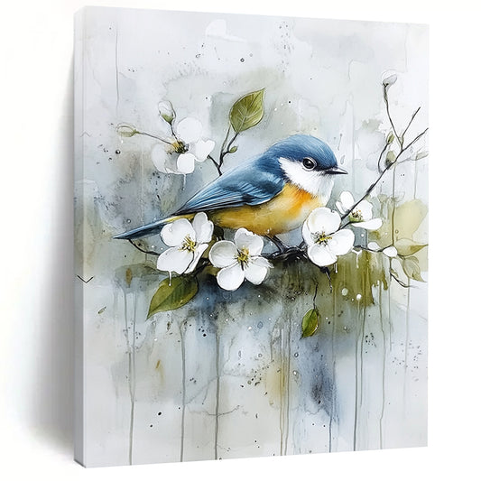 Contemporary abstract art featuring a blue and yellow bird on a branch among white flowers and green leaves with soft watercolor effects. DLZ1122