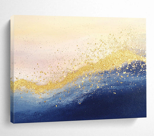 “Golden Sea Sparkle” - Blue, Gold, White, Abstract Waves - Mixed - Media Painting HB1478