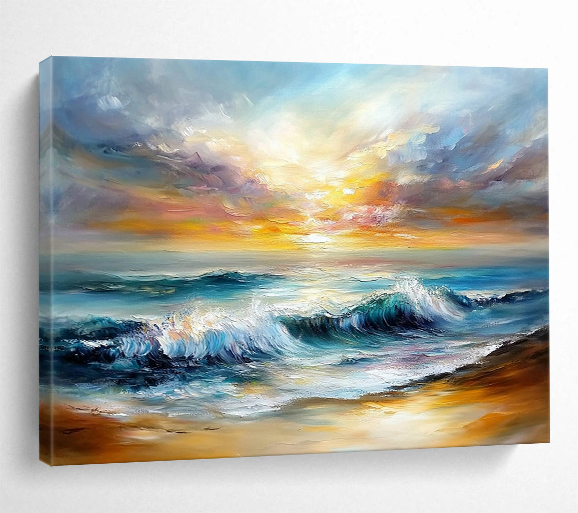 Dynamic Sea Waves Under Colorful Sky - Expressive Impasto Seaside Painting On Canvas HB0443