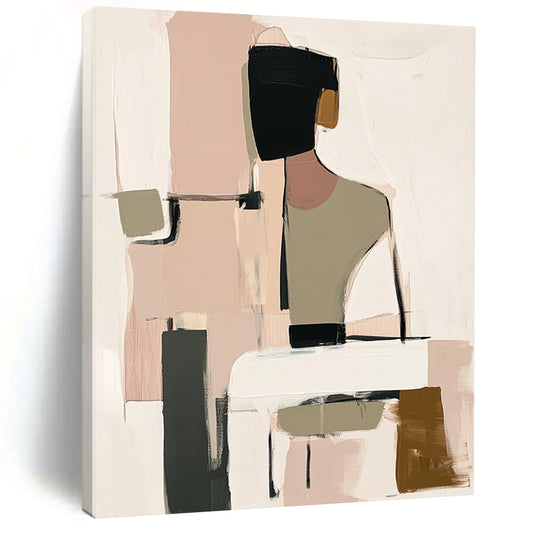Contemporary handmade abstract art featuring muted beige black and white tones with soft pink and green hints and loose shapes around a visible table. DLZ0912
