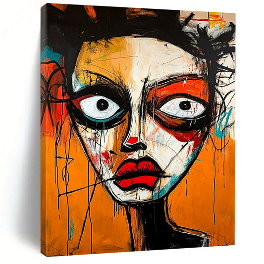 Contemporary hand-painted abstract artwork showcasing a vibrant face with strong emotions using dynamic shapes and expressive brush strokes in Basquiat style. DLZ1647