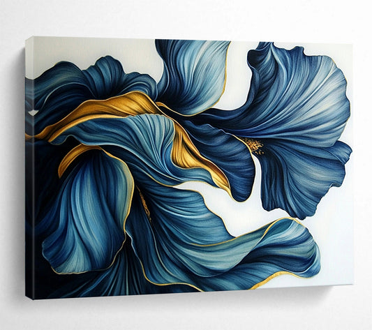 “Blue - Gold Petal Swirls” - Intricate blue petals with golden accents, Floral Realism Painting On Canvas HB0536