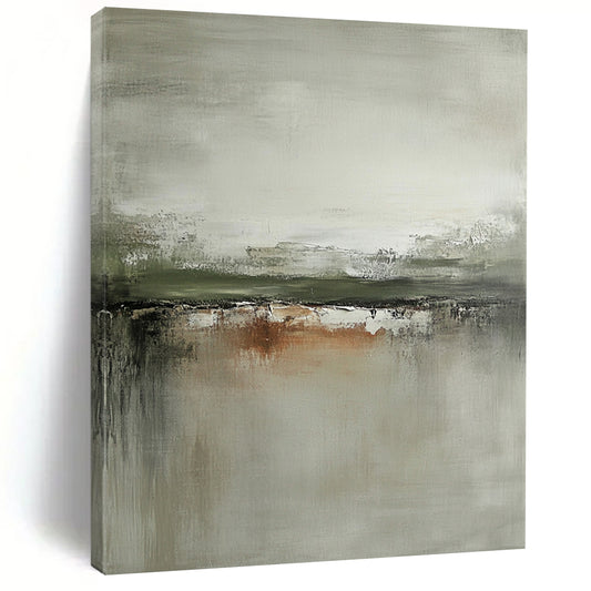Large contemporary hand-painted abstract art featuring neutral tones grays and sage green with distressed edges on canvas. DLZ0439