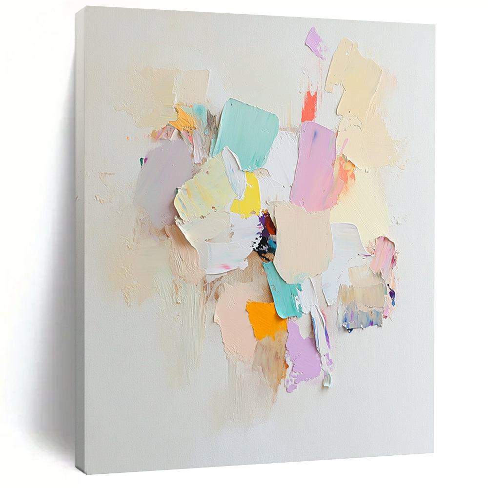 Contemporary abstract art features an arrangement of white paper pieces with soft colors, evoking calmness and serenity in a tranquil composition. DLZ0886