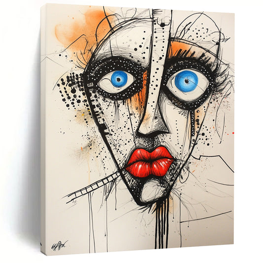 Abstract artwork featuring black dots blue eyes red lipstick on a white background hand-drawn doodles in a contemporary mixed media style. DLZ1252