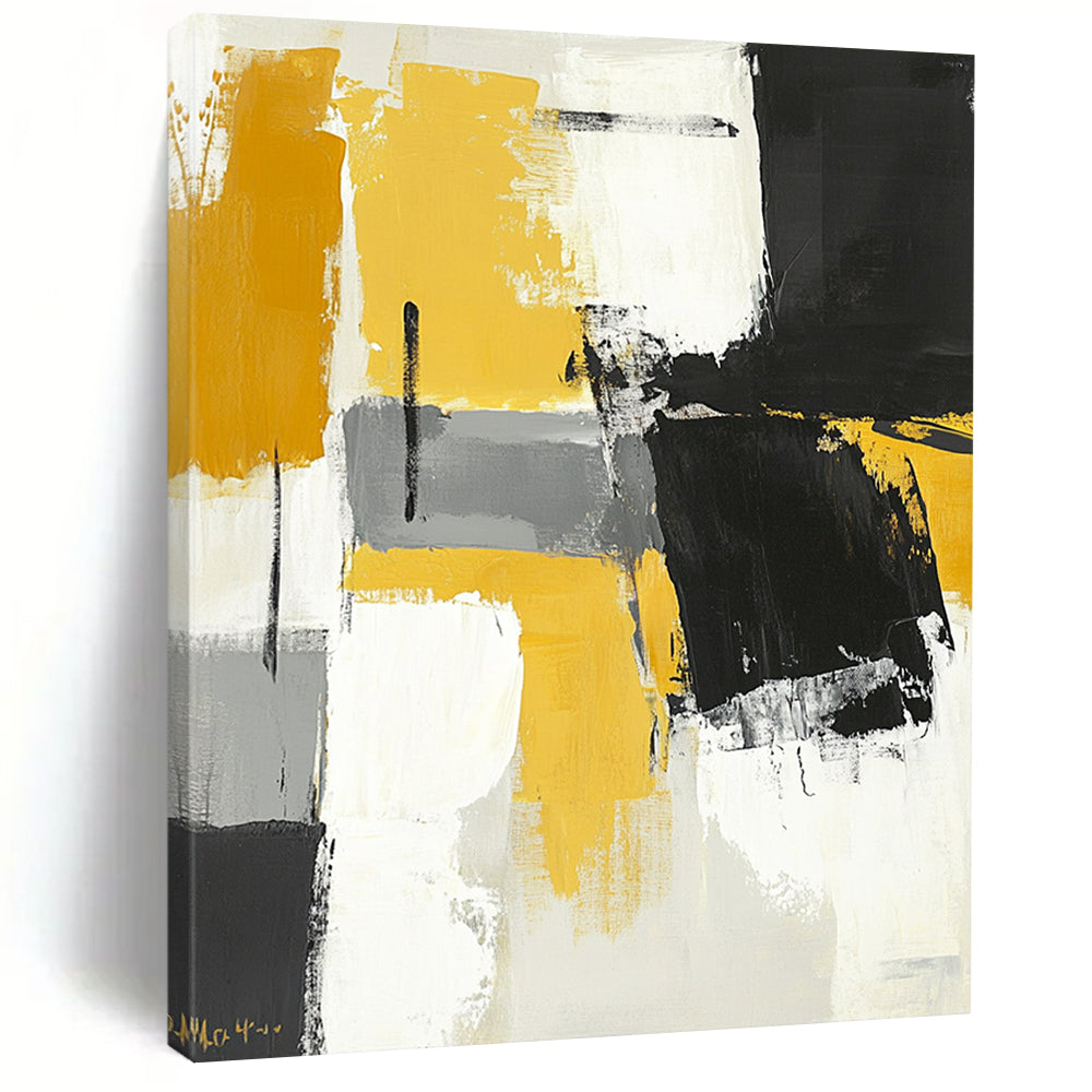 Contemporary hand-painted abstract art featuring black gray and yellow color blocks with brushstrokes on a neutral toned white background. DLZ0731