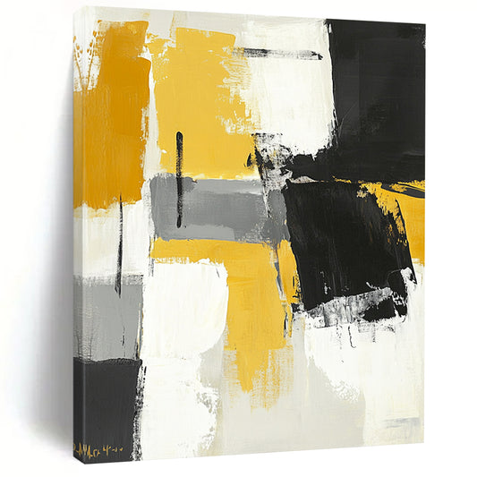 Contemporary hand-painted abstract art featuring black gray and yellow color blocks with brushstrokes on a neutral toned white background. DLZ0731