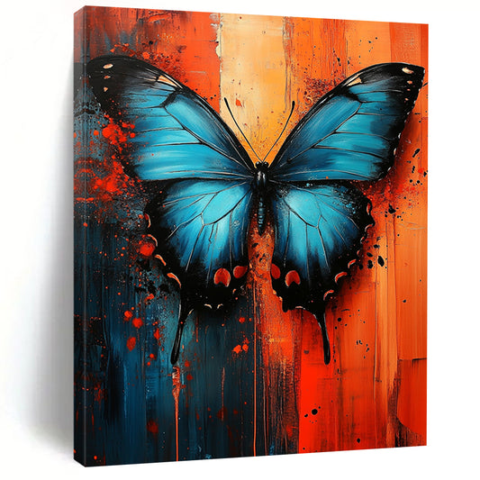 Contemporary abstract art features a blue butterfly on a vibrant red and orange textured background, capturing urban energy through dynamic oil paint strokes. DLZ1155