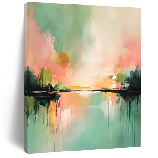 Contemporary abstract painting featuring soft pinks and greens with reflections on water atmospheric clouds and light gold highlights. DLZ0407