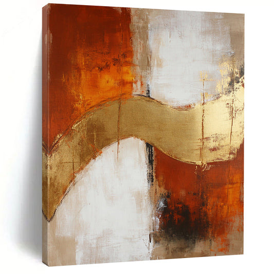 Large contemporary hand-painted abstract artwork featuring beige and rust hues, elegantly accented with gold details. DLZ0726