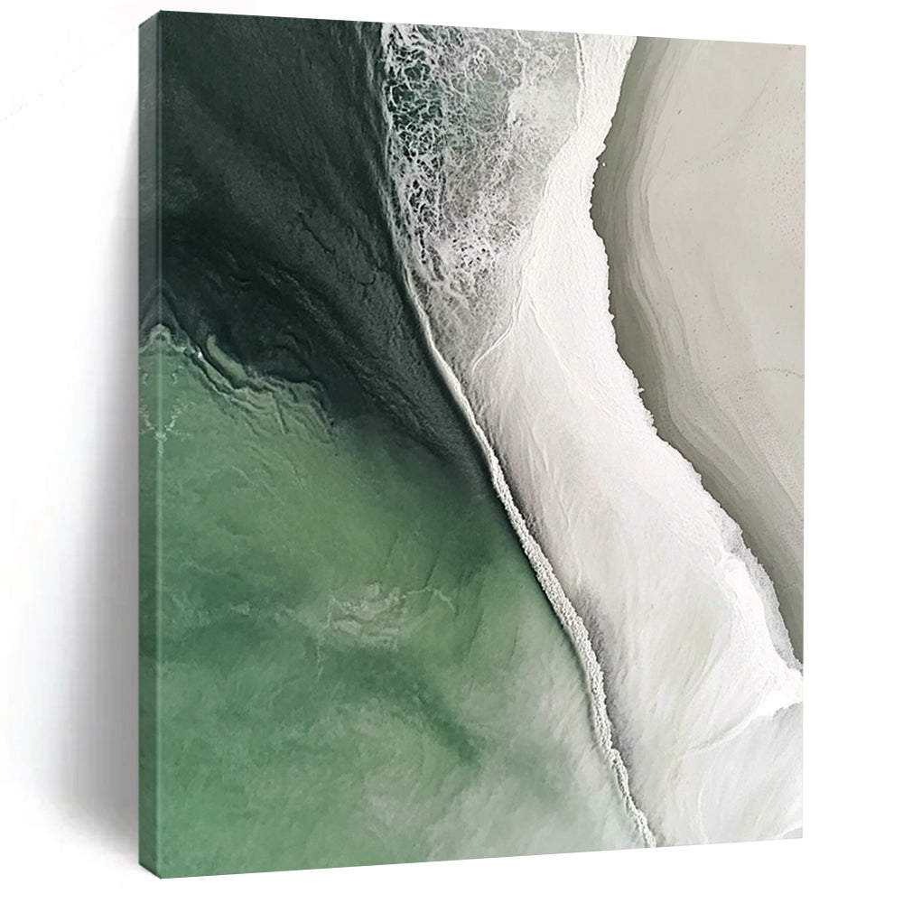 Contemporary hand-painted abstract artwork featuring a stunning beach scene with flowing water in white and green colors, capturing cinematic details and natural lighting. DLZ0840