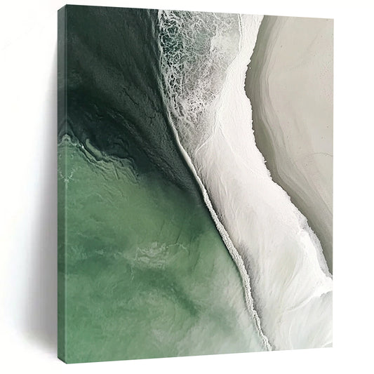 Contemporary hand-painted abstract artwork featuring a stunning beach scene with flowing water in white and green colors, capturing cinematic details and natural lighting. DLZ0840