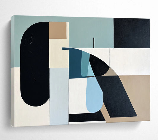 “Pastel Geometric Shapes” - Blue, Beige, Black, Abstract Forms - Mid - Century Acrylic Painting HB1492