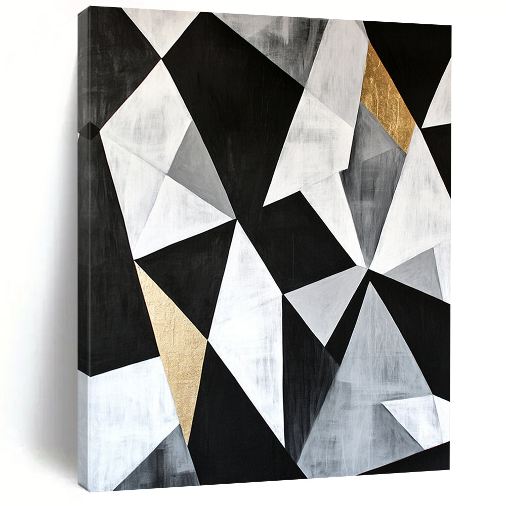 Black, White, Gray, Gold, Angular Collage "Gilded Industrial Fusion" Abstract Modernist Painting On Canvas HB128